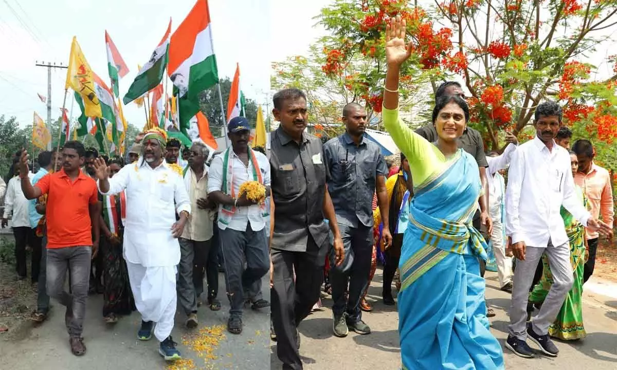 CLP leader Mallu Bhatti Vikramarka conducting padayatra in Khammam district and YSR Telangana party chief Y S Sharmila reaching out to people during padayatra in Khammam.