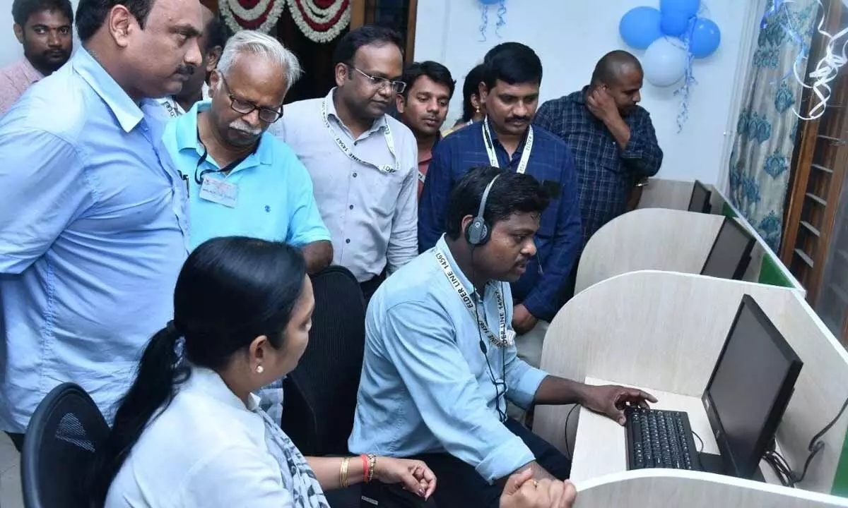 Minister for Women and Child Welfare KV Ushasri Charan at the connect centre in Visakhapatnam on Saturday