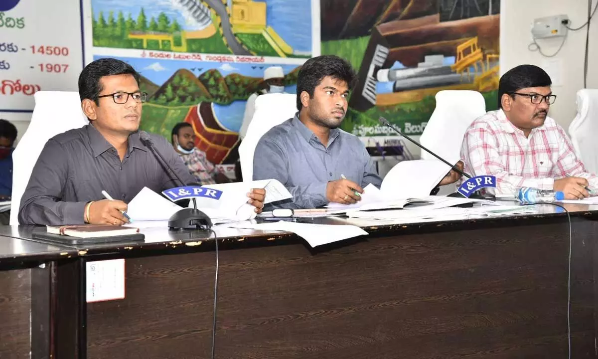Prakasam District Collector A S Dinesh Kumar speaking at a meeting on land acquisition at the Collectorate in Ongole on Saturday