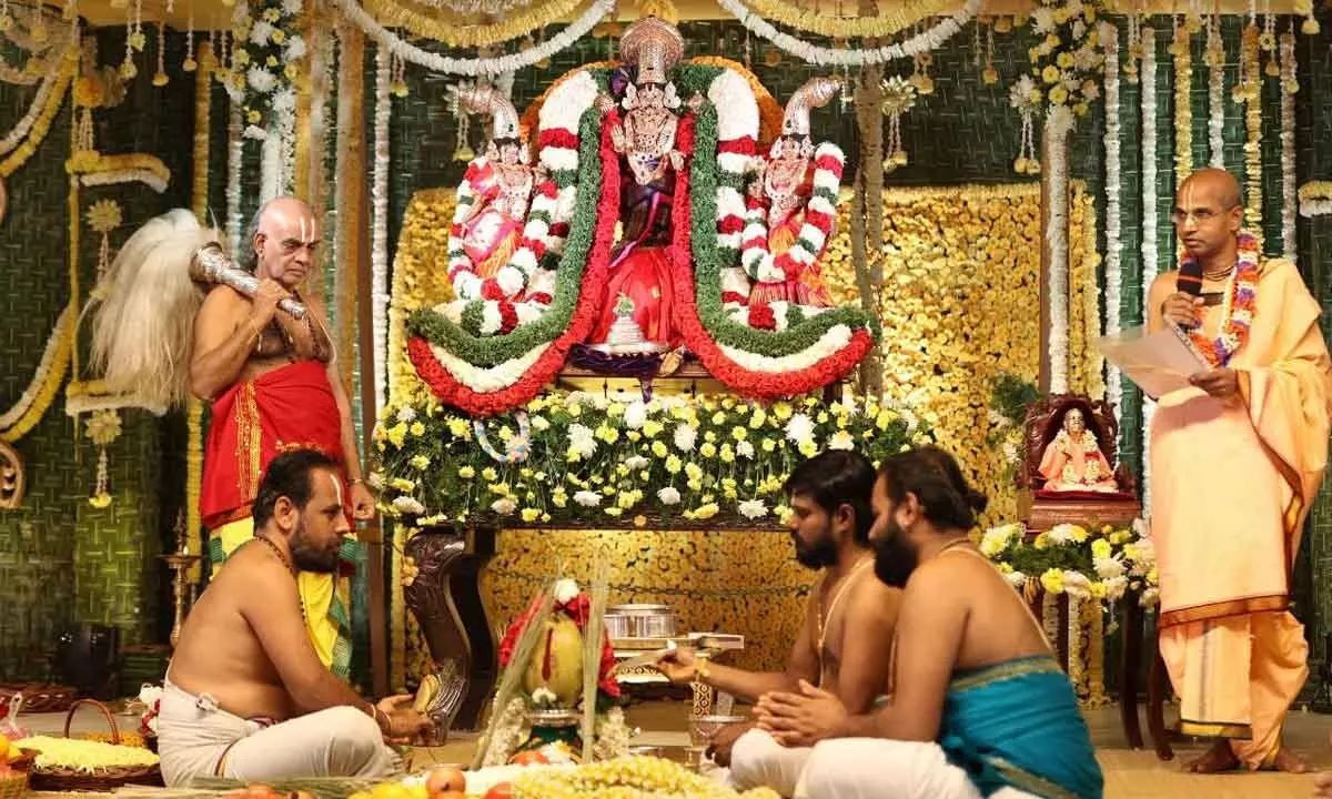 Grand Lakhmi Narasimha Swamy Kalyanotsavam being held at Hare Krishna Golden temple in Hyderabad on Saturday