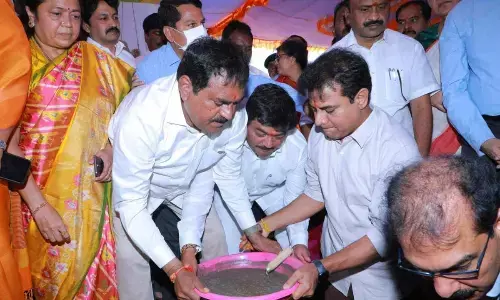 IT, Industries, MA&UD Minister KT Rama Rao laying foundation for Kitex Garments at Kakatiya Mega Textile Park (KMTP) in Sangem mandal in Warangal district on Saturday  			         Photo: G Shyam Kumar