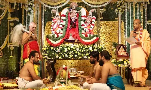 Grand Lakhmi Narasimha Swamy Kalyanotsavam being held at Hare Krishna Golden temple in Hyderabad on Saturday