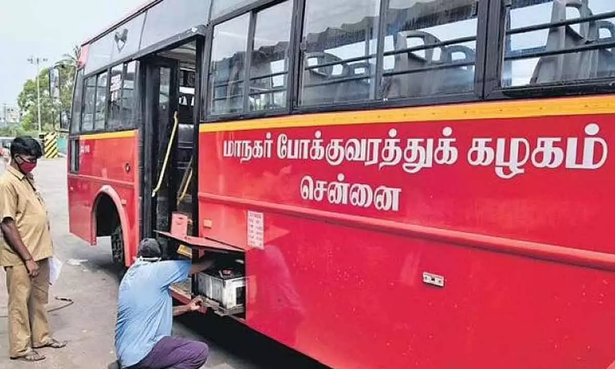A MTC bus being checked at Pallavan House, in Chennai. (File photo)