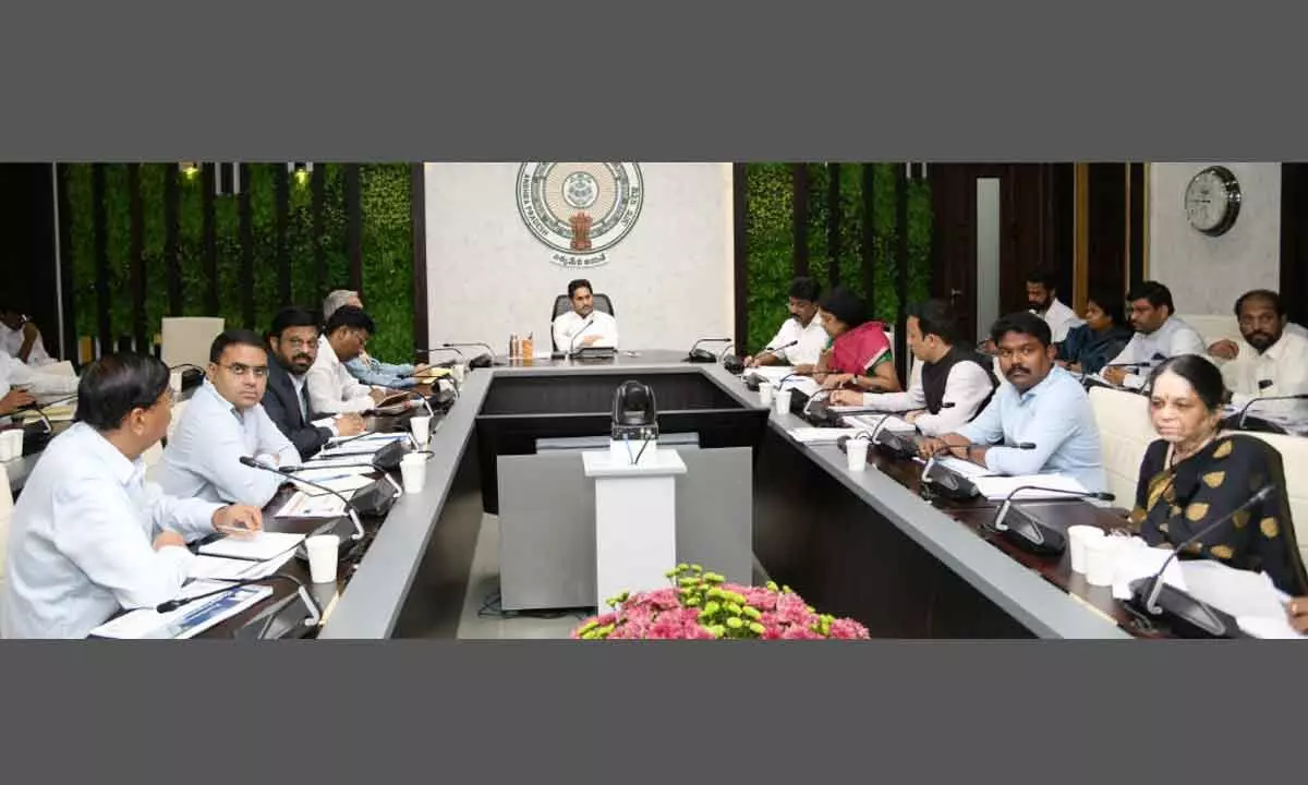 Chief Minister Y S Jagan Mohan Reddy holding a review on the Municipal and Urban Development department at his camp office in Tadepalli on Monday