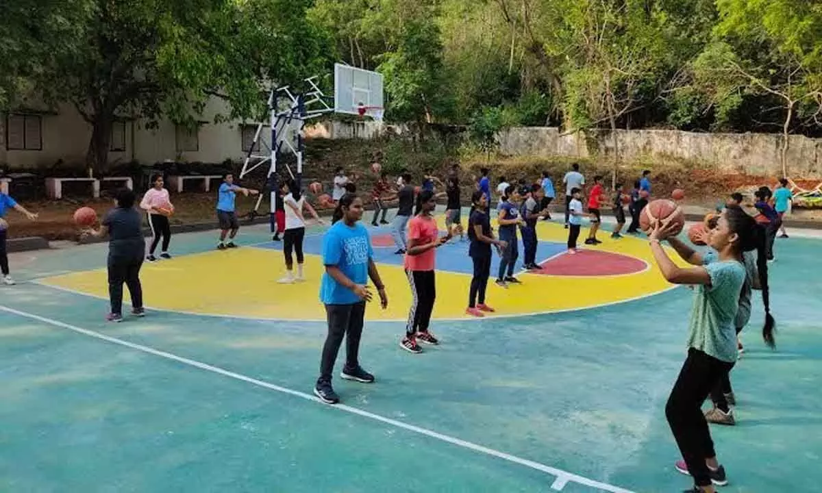 Students honing their sports skills during an ongoing summer camp in Visakhapatnam.
