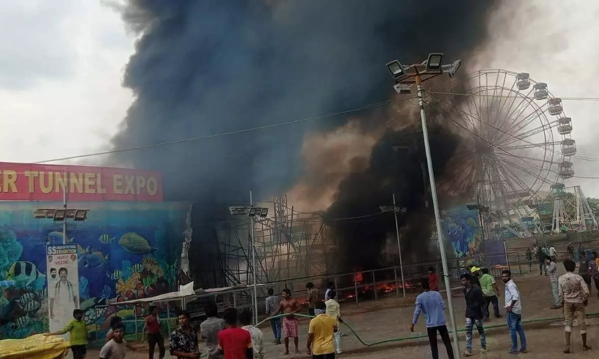 The front elevation of the exhibition reduced to ashes in fire accident in Gunta Grounds in Guntur city on Tuesday