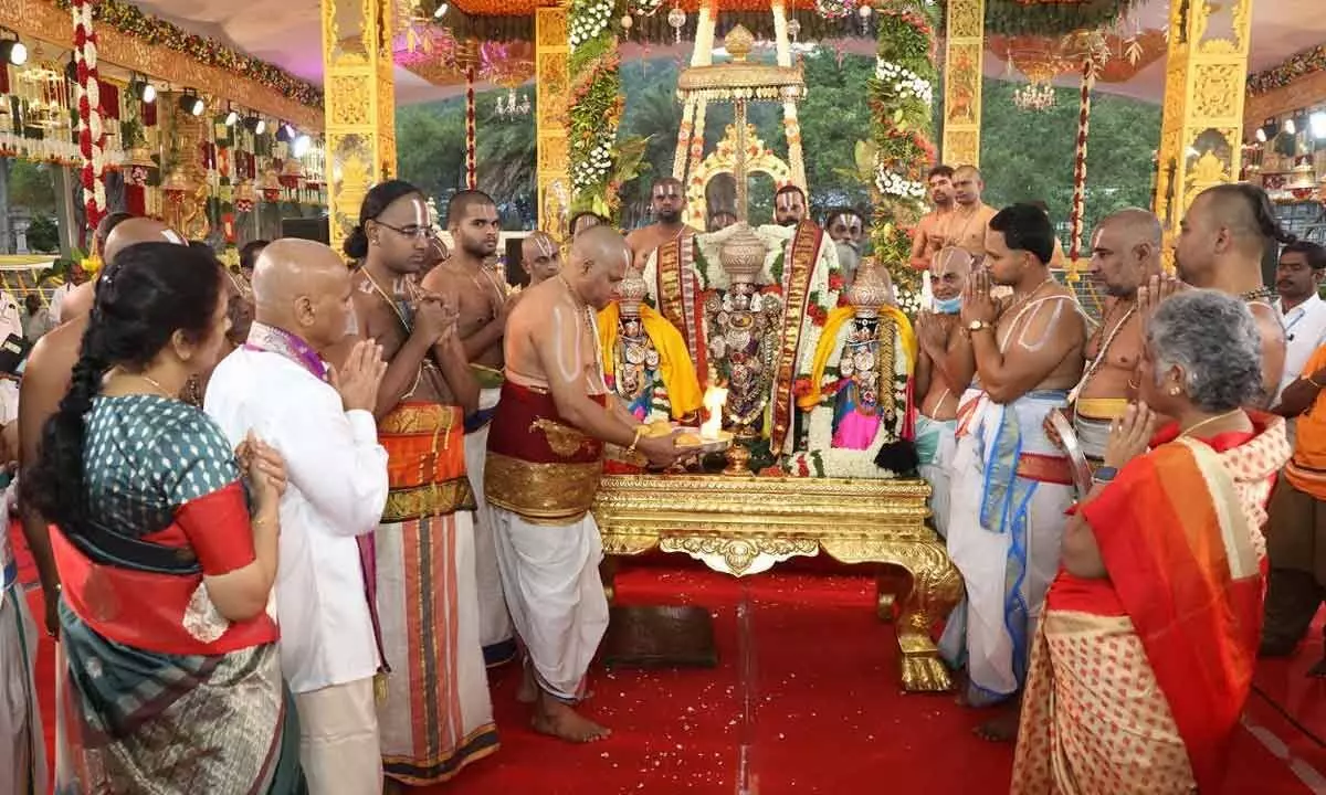 TTD EO (FAC) A V Dharma Reddy and others witnessing Padmavathi Parinayotsavam at Narayanagiri Gardens at Tirumala on Tuesday
