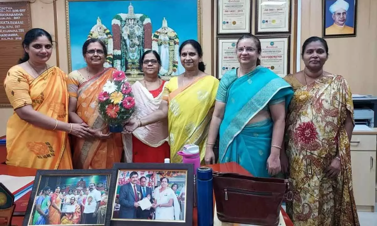 SPW Degree and PG College Principal Dr K Mahadevamma being felicitated by Dr Uma Rani, Dr Uma Maheswari and others on Tuesday