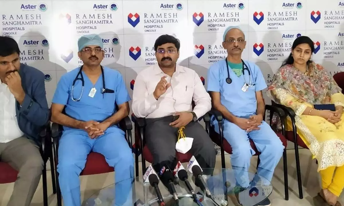 Electrophysiologist Dr Chandramouli at a press meet at Ramesh Sanghamitra Hospital in Ongole on Tuesday