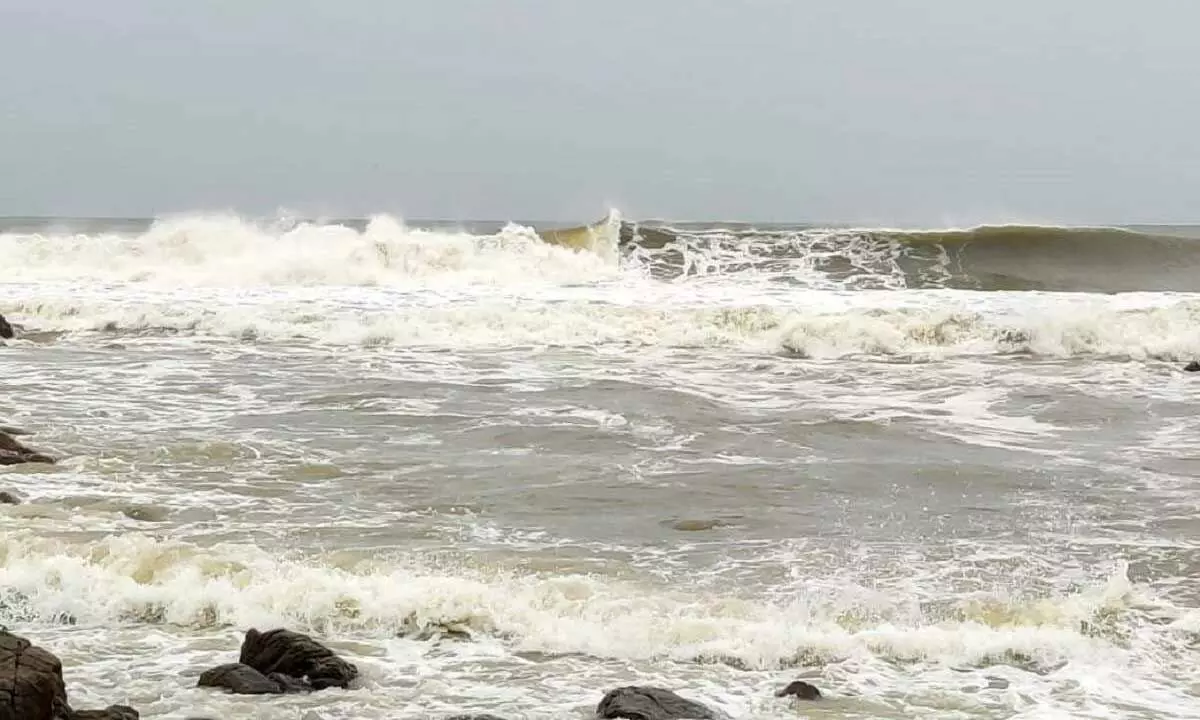 Beach road damaged due to high waves in Kakinada