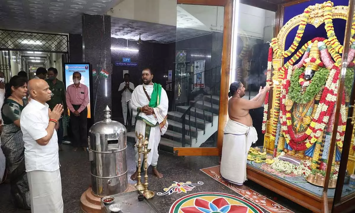 TTD EO (FAC) A V Dharma Reddy is being given Vedaseervachanam by Vedic Pundits from various local temples at TTD Administrative building in Tirumala on Wednesday