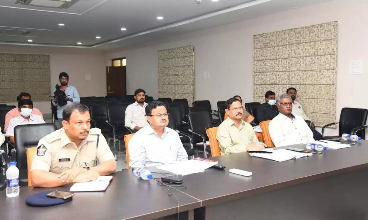 Tirupati district Collector K Venkata Ramana Reddy, SP P Parameswar Reddy, DRO M Srinivasa Rao and other officials taking part in the CM’s video conference on Wednesday