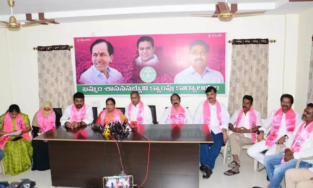 Mayor P Neeraja, SUDA chairman Bachu Vijay Kumar and TRS leaders speaking to media persons on Wednesday at Transport Minister Puvvada Ajay Kumar’s camp office in Khammam on Wednesday