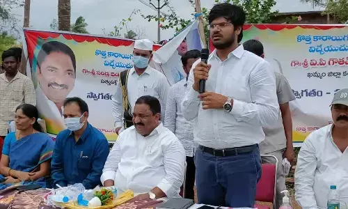 District Collector VP Gautham speaking at the Dalit Bandhu unit grounding awareness programme at Kothakaraigudem village in Khammam district on Wednesday