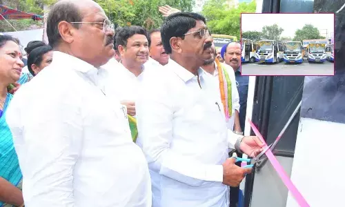 TSRTC Chairman Bajireddy Govarthan and ZP Chairman  D Vithal inaugurating the city buses in  Nizamabad on Wednesday