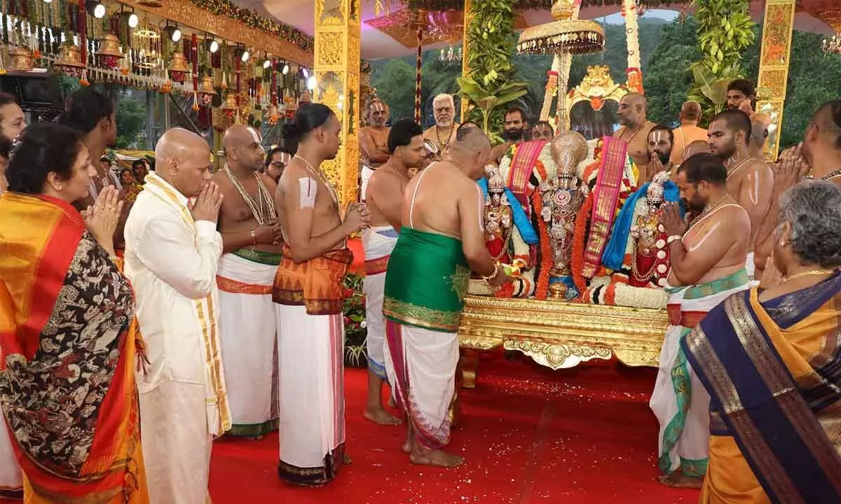 Priests conducting ritual as part of Padmavathi Parinayotsavam on the third and concluding day at Tirumala on Thursday