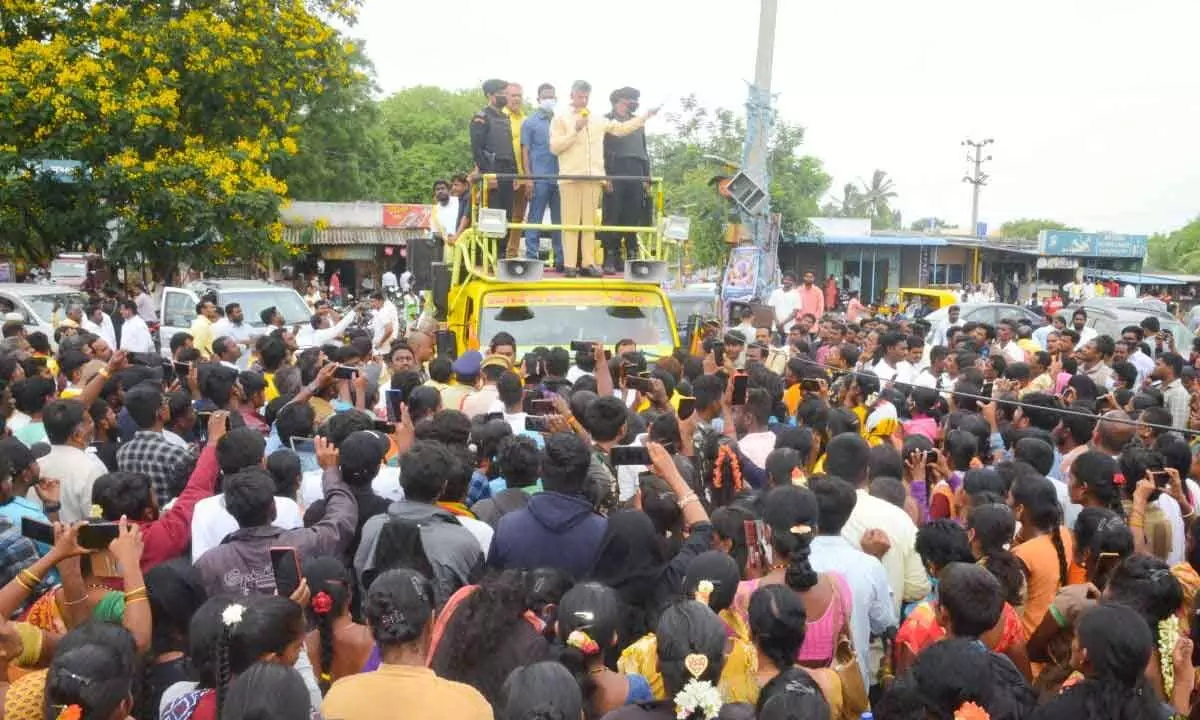 TDP national president N Chandrababu Naidu taking part in a road show in Kuppam constituency on Thursday