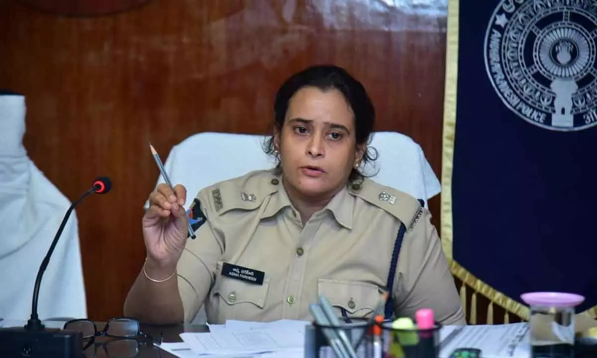 SEB Joint Director Asma Farheen addressing a review meeting with the officials at the district police office in Machilipatnam on Thursday