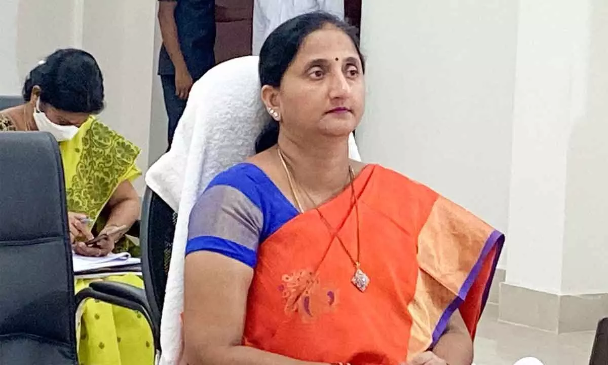 District Collector K Madhavi Latha attending a videoconference with Chief Secretary of State Medical Health Department MT Krishnababu, in Rajamahendravaram on Thursday