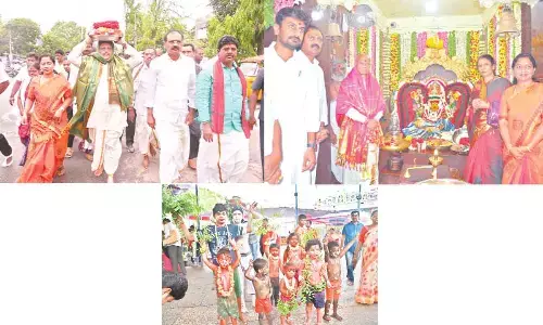 Minister Ambati Rambabu carrying ‘Sare’ to Goddess Gangamma in Tirupati on Thursday. MLA Bhumana Karunakar Reddy and Mayor Dr R Sirisha are also seen.; TTD EO A V Dharma Reddy offering prayers to Goddess Gangamma in Tirupati on Thursday. MLA Bhumana Karunakar Reddy, Mayor Dr R Sirisha and others are seen.; Children in Banda vesham at Gangamma devasthanam on Thursday.