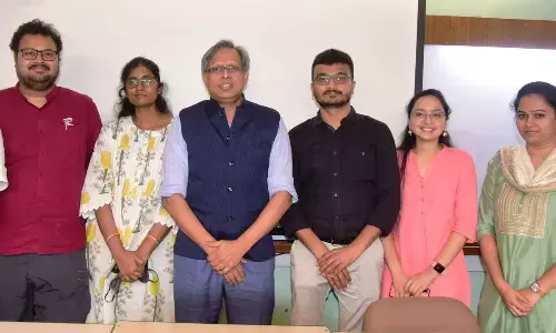 (From left) Dr Madhusudhana Rao, CEO, AIC-CCMB, Dr Rajesh Iyer, project scientist, Dr Nandita Tanneru, Dr Vinay Nandicoori, Director, CCMB, Dr Preethi Jampala, project scientist, Dr Kranthi Kiran Akula, project scientist and Anuiti Vashishit, project assistant  Photo: Srinivas Setty