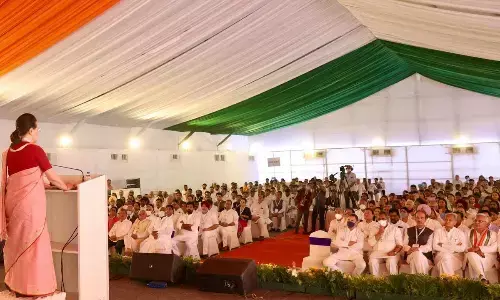 Congress interim president Sonia Gandhi addresses party leaders during the Nav Sankalp Chintan Shivir, in Udaipur on Friday