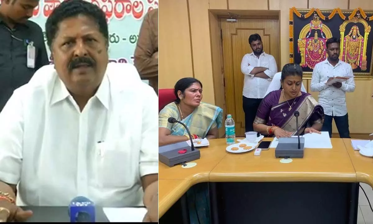 Civil Supplies Min Venkata Nageswar Rao addressing media and Tourism Minister R K Roja holds review with district officials at Padmavathi Guest House in Tirupati on Saturday.