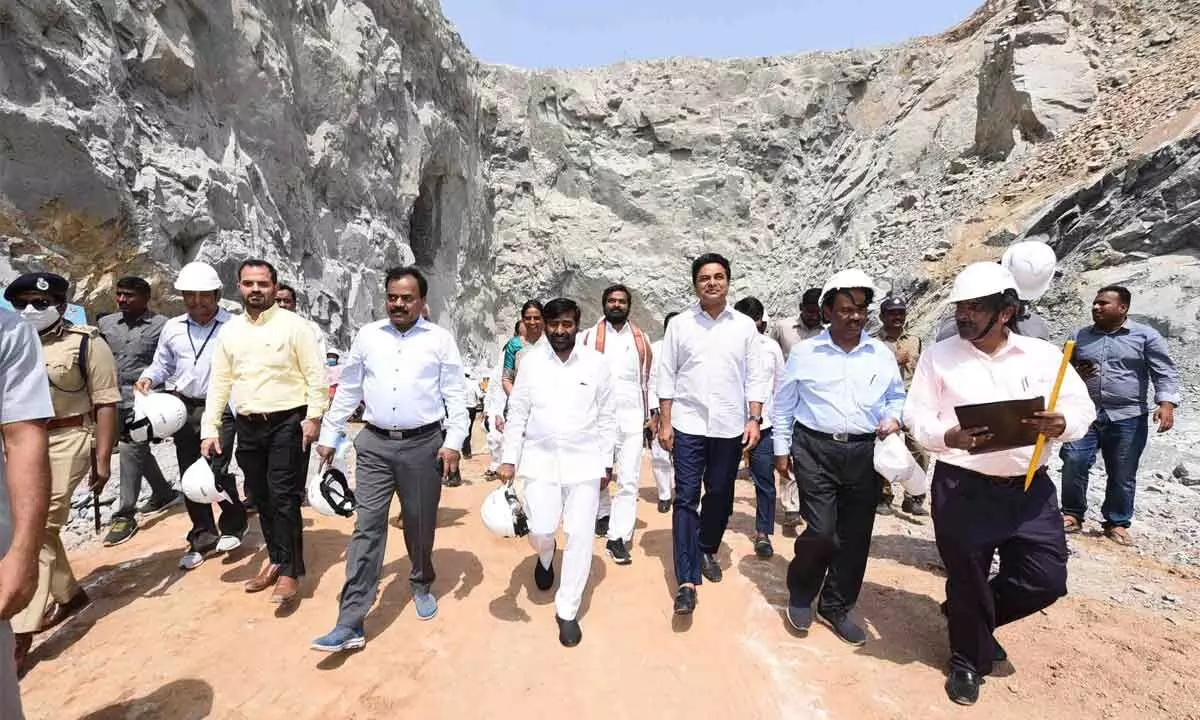 Municipal Administration and Urban Development Minister  KT Rama Rao at the site of Sunkishala pumping station in Nagarjunasagar on Saturday. 	                   Photo: Srinivas Mucharla