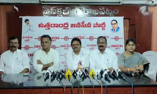 Jana Sena Party general secretary T Shiv Sankar along with other leaders at the media conference held in Visakhapatnam on Saturday