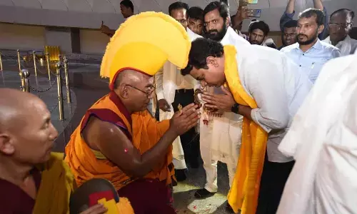 Minister for IT KTR taking the blessings of Buddhist gurus during the inauguration of Buddhavanam in Nagarjunsagar on Saturday