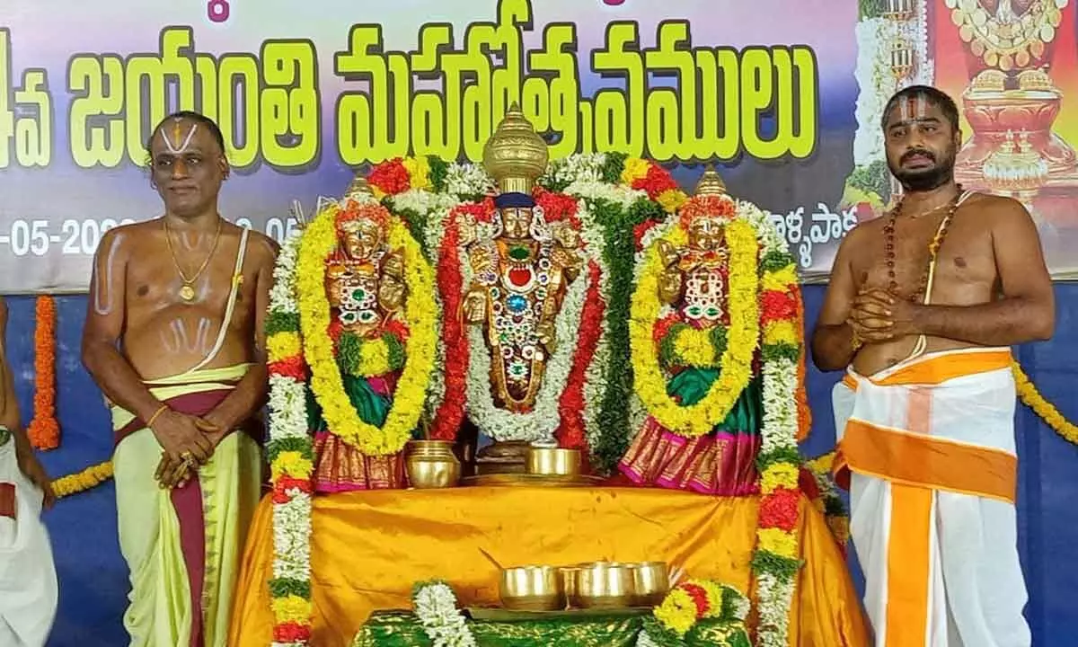 Vedic pundits perform Srivari Kalyanam as part of 614th Jayanthi Utsavam of Saint Tallapaka Annamacharya at Tallapaka village in YSR District on Monday