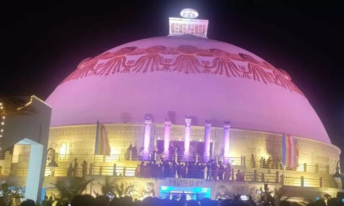 Maha Stupa dome under the illumination of flood lights on the occasion of Buddha Jayanthi on Monday