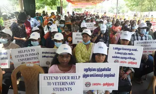 Students who returned from medical colleges in Ukraine staging a demonstration near Valluvar Kottam
