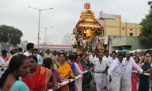 On the occasion of Vasantotsavam in Sri Padmavathi temple at Tiruchanur, the deity is taken in a procession atop a golden chariot on Monday