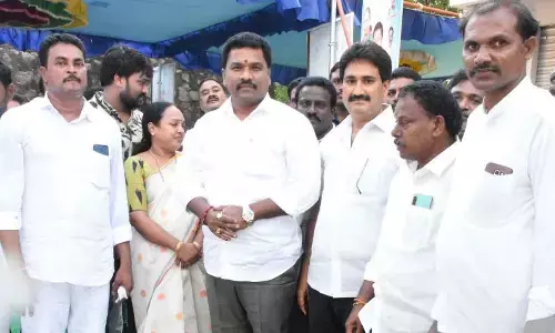 Mayor Kavati Siva Naga Manohar Naidu laying foundation stone for the construction of CC drains at Gorantla in Guntur on Monday