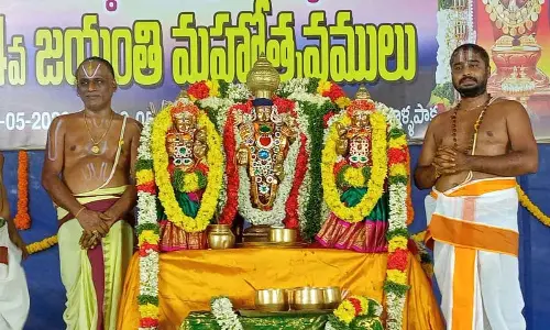 Vedic pundits perform Srivari Kalyanam as part of 614th Jayanthi Utsavam of Saint Tallapaka Annamacharya at Tallapaka village in YSR District on Monday