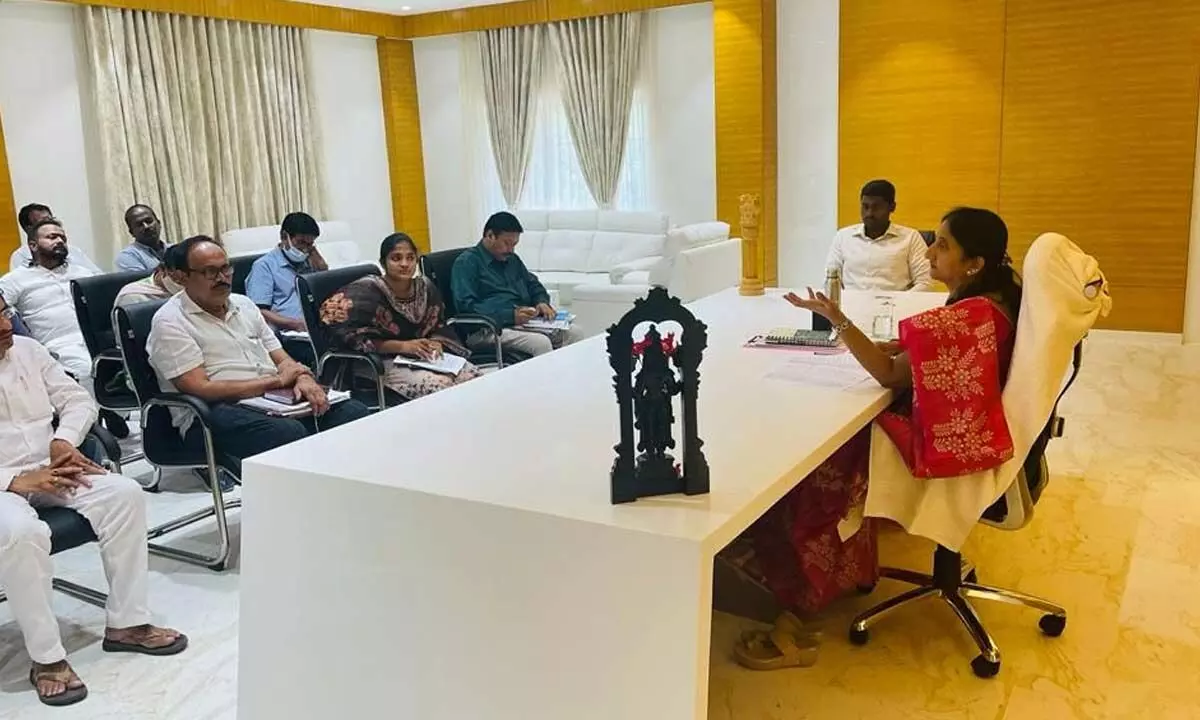 District Collector Dr K Madhavi Latha at a review meeting with quarry lease holders at her office in Rajamahendravaram on Tuesday