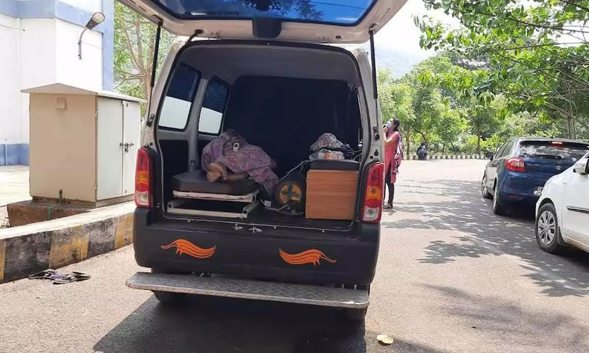 An ambulance parked at a hospital in Visakhapatnam