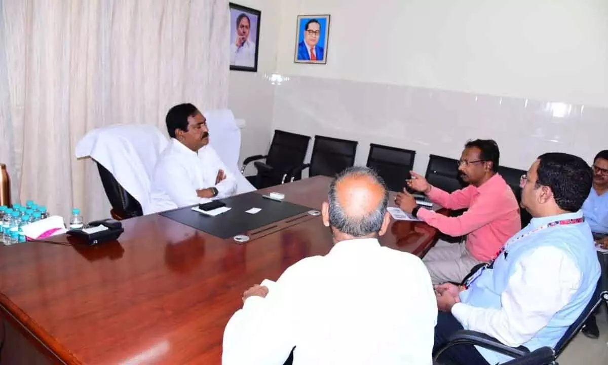 Minister for Panchayat Raj and Rural Development Errabelli Dayakar Rao meeting with Flipkart representatives in Hanumakonda on Tuesday
