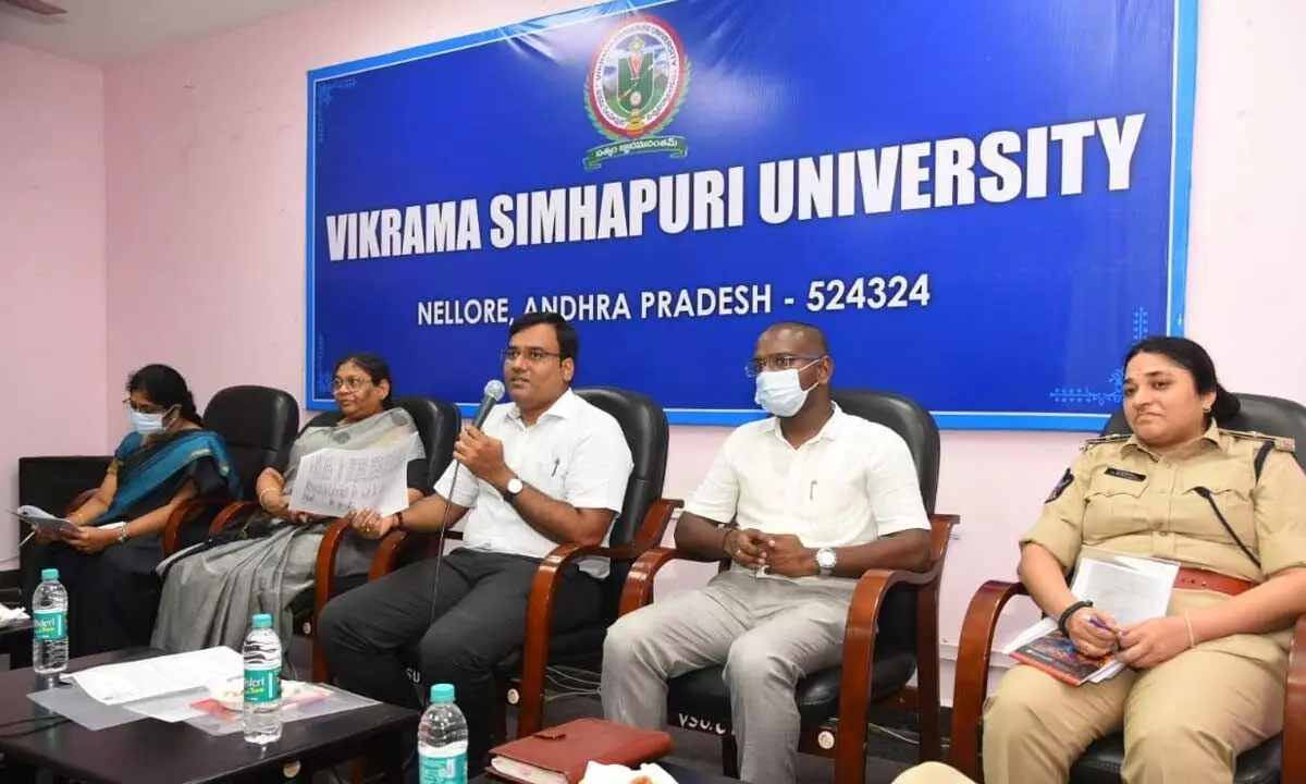 Nellore Collector KVN Chakradhar Babu addressing officials at VSU campus on Tuesday in connection with the Governor’s visit on May 24