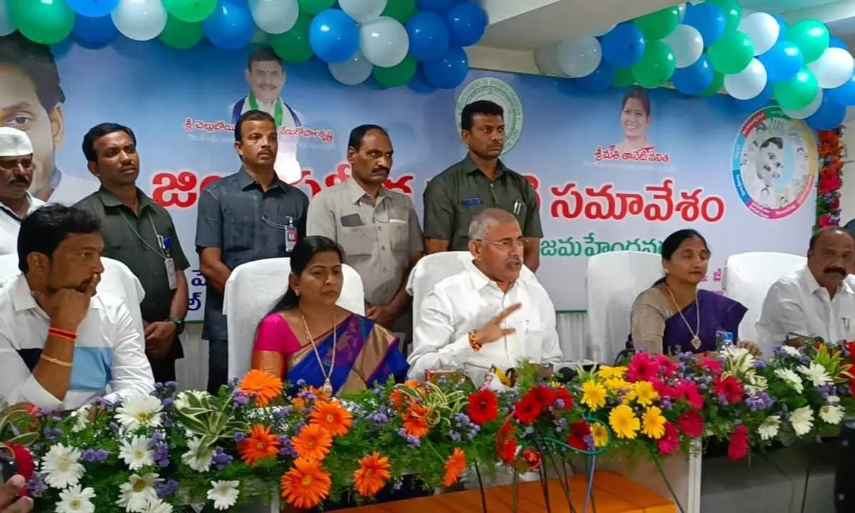 District in-charge Minister Chelluboyina Srinivasa Venu Gopala Krishna speaking at the DRC meeting at Rajahmundry Municipal Corporation on Wednesday