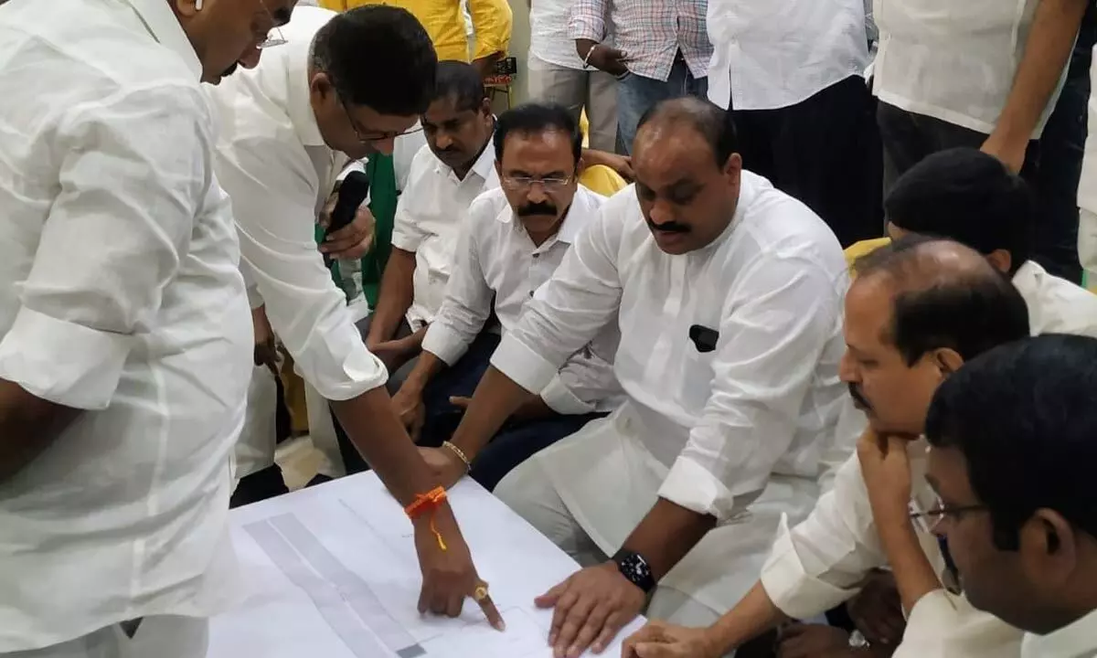 TDP AP president K Atchannaidu inspecting the layout plan for venue of Mahanadu, in Ongole on Wednesday