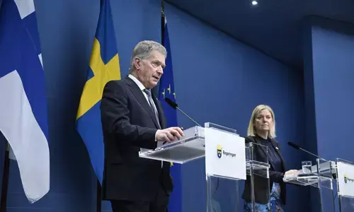 President of Finland Sauli Niinisto, left, and Swedish Prime Minister Magdalena Andersson attend a joint news conference in Stockholm.