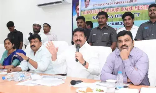 Housing Minister Jogi Ramesh addressing Irrigation Advisory Board Committee meeting in Machilipatnam on Wednesday