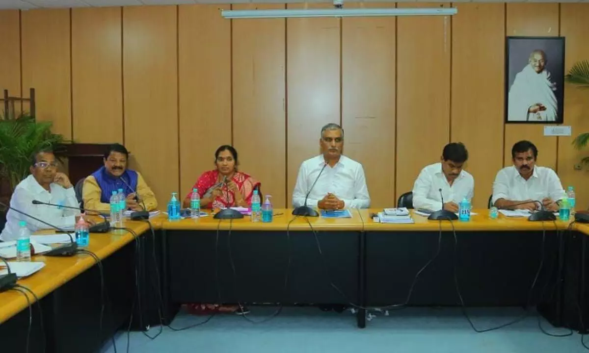 Health Minister Harish Rao holds the monthly review of the Health department and implementation of Aarogyasri services in hospitals