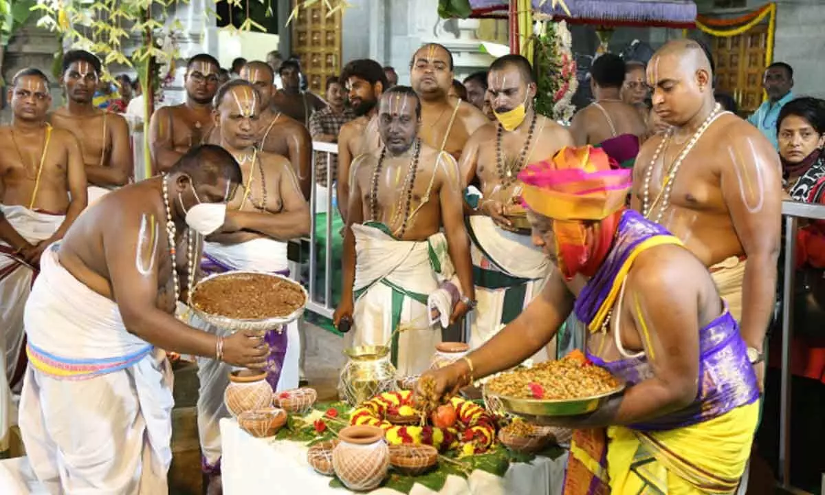 Agama sastra pandits performing Ankurarpana at Sri Venkateswara Swamy temple in Bhubaneswar on Saturday