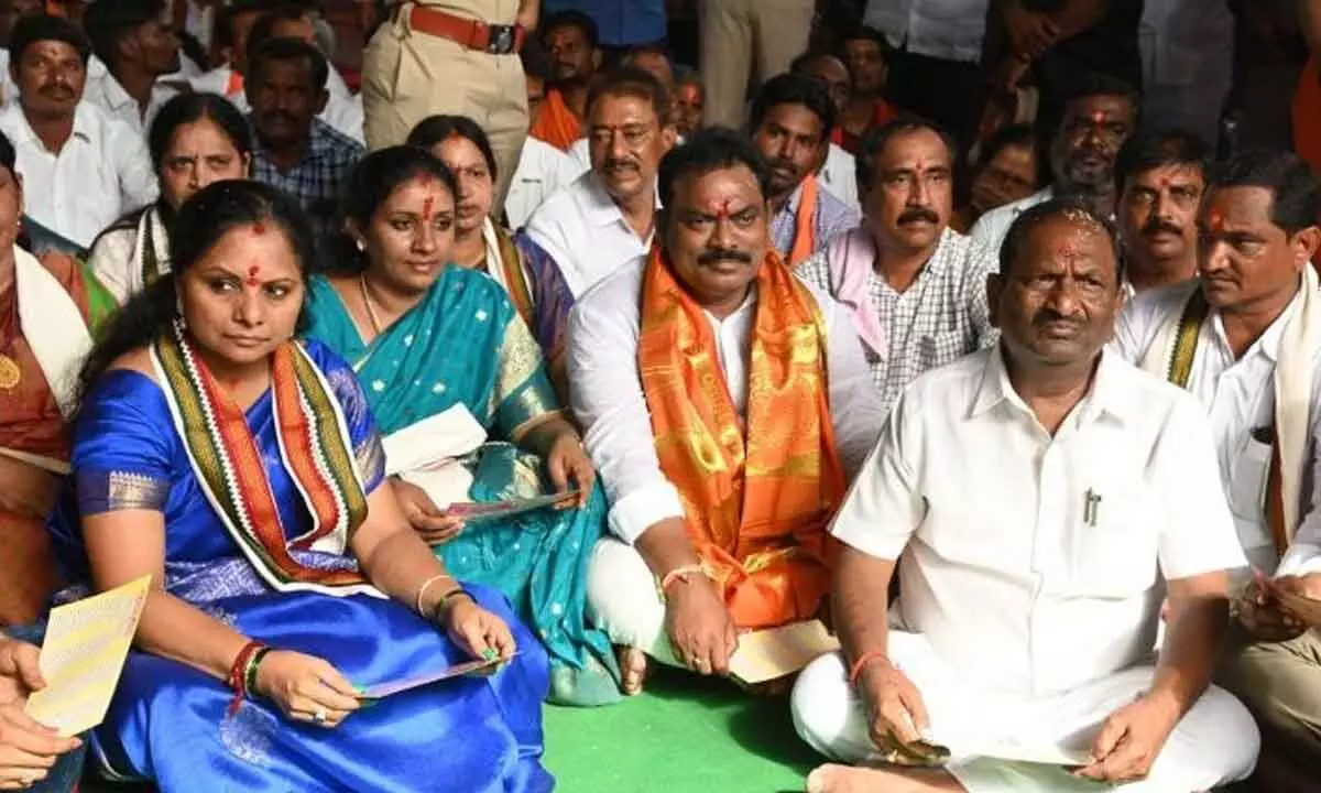 MLC K Kavitha participated in the recitation of 108 Hanuman Chalisa conducted in the presence of Kondagattu Anjaneya Swamy Temple in Jagtial district on Saturday