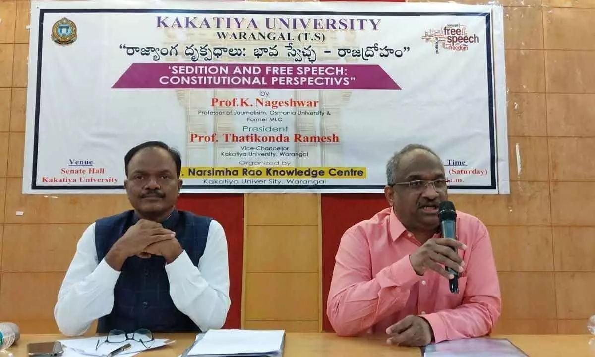 Prof. K Nageshwar delivering a keynote address on ‘Sedition and Free Speech Constitutional Perspectives’, at the Senate Hall of the Kakatiya University (KU) in Warangal on Saturday