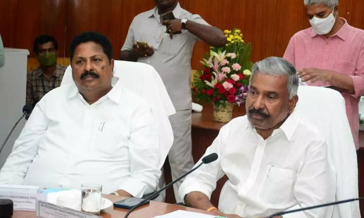 Minister for Environment and Forest Peddireddy Ramachandra Reddy at a review meeting held at the Collectorate in Visakhapatnam on Saturday