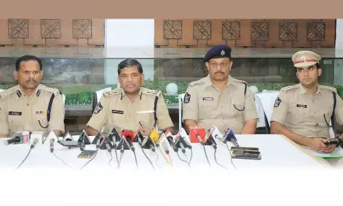 DGP K V Rajendranath Reddy addressing media persons at SV University Senate Hall along with Anantapur Range DIG Raviprakash, Chittoor SP Y Rishanth Reddy and Tirupati SP P Parameswar Reddy on Saturday